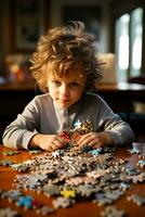 Childs viso fluttua fra confusione e illuminismo mentre studiando educativo puzzle foto