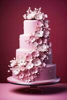 tre livelli elegante nozze torta con delicato commestibile decorazioni isolato su un' rosa pendenza sfondo foto