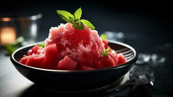 foto di anguria granita come un' piatto nel un' fascia alta ristorante. generativo ai