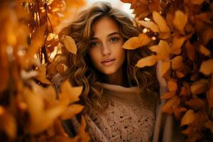 un' donna nel un' accogliente sovradimensionato maglione pose tra caduto le foglie in mostra il Perfetto miscela di stile e natura foto