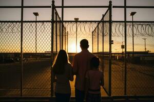 Abbracciare una persona famiglia a detenzione centro cancelli sentito sfondo con vuoto spazio per testo foto