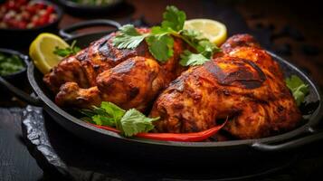 foto di tandoori pollo come un' piatto nel un' fascia alta ristorante. generativo ai