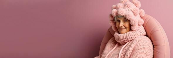 vecchio donna nel pieno a maglia accogliente costume isolato su pastello sfondo con un' posto per testo foto