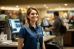 femmina cassiere sorridente a il supermercato foto