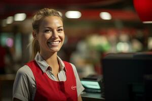 femmina cassiere sorridente a il supermercato foto