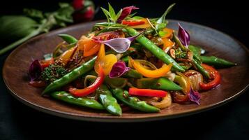 foto di primavera verdura saltato in padella come un' piatto nel un' fascia alta ristorante. generativo ai