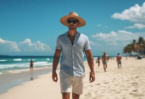 ai generativo indietro Visualizza giovane turista uomo nel estate vestito e cappello in piedi su bellissimo sabbioso spiaggia. godendo. foto