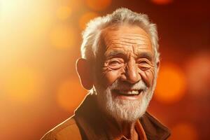 anziano uomo Sorridi felicemente su bokeh stile sfondo foto