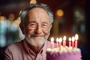 un anziano uomo Tenere un' compleanno torta con parecchi candele su bokeh stile sfondo foto