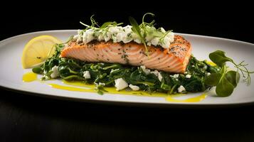 foto di spinaci e feta ripieno salmone come un' piatto nel un' fascia alta ristorante. generativo ai