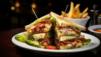 foto di club Sandwich come un' piatto nel un' fascia alta ristorante. generativo ai