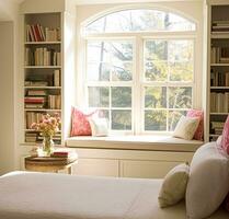 finestra posto a sedere, interno design e comfort a casa, lettura angolo con libreria e cuscini, casa arredamento nel un' nazione Casa, inglese Villetta stile, generativo ai foto