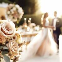 nozze cerimonia e celebrazione, sposa e sposo a un' bellissimo all'aperto sede su un' soleggiato giorno, lusso nozze arredamento con fiori e bridal mazzo, generativo ai foto