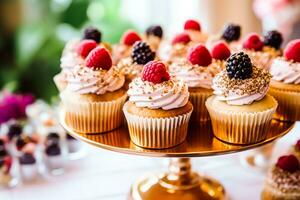 cupcakes, torte, panetti e muffin e vacanza decorazione all'aperto a il inglese nazione stile giardino, dolce dolci per nozze, compleanno o festa celebrazione, generativo ai foto