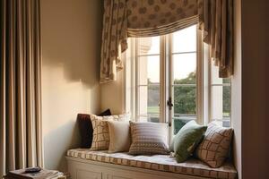 finestra posto a sedere, interno design e comfort a casa, lettura angolo con cuscini e arredamento nel un' nazione Casa, inglese Villetta stile, generativo ai foto