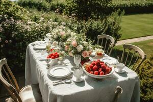 nazione tavolozza, formale cena tavolo ambientazione, tavolo fuga con fragola decorazione per nozze festa e vacanza evento celebrazione, generativo ai foto