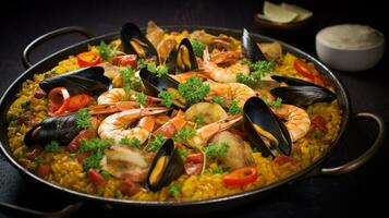 foto di frutti di mare paella come un' piatto nel un' fascia alta ristorante. generativo ai