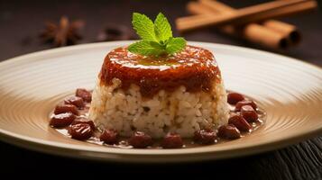 foto di riso e Data budino - roz bel tamr come un' piatto nel un' fascia alta ristorante. generativo ai