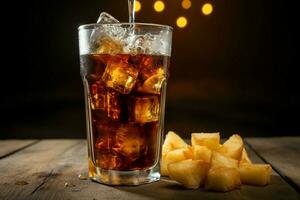 Coca Cola cascate in un' bicchiere su un' di legno tavolo contro un' patatine fritte fondale ai generato foto