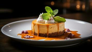 foto di zucca torta di formaggio come un' piatto nel un' fascia alta ristorante. generativo ai