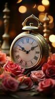 allarme orologio e un' Vintage ▾ rosa fiore sfondo creare un' travolgente scena verticale mobile sfondo ai generato foto