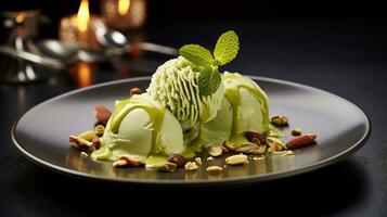 foto di pistacchio gelato come un' piatto nel un' fascia alta ristorante. generativo ai