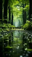 lussureggiante verde foresta prospera sotto un' rinfrescante estate pioggia. verticale mobile sfondo ai generato foto
