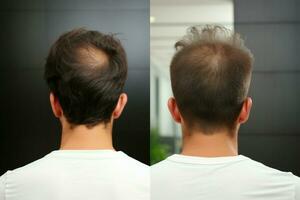 capelli ritorno mans prima e dopo viaggio dopo riuscito capelli trapianto, rinnovato fiducia ai generato foto