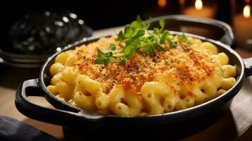 foto di al forno maccheroni e formaggio come un' piatto nel un' fascia alta ristorante. generativo ai