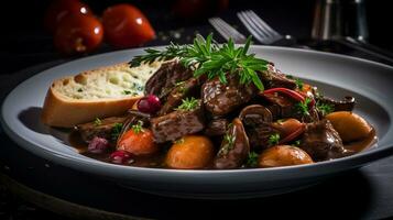 foto di Manzo bourguignon come un' piatto nel un' fascia alta ristorante. generativo ai