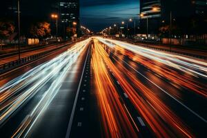 mattina traffico velocità su un' generico autostrada raffigurato attraverso artistico movimento sfocatura ai generato foto
