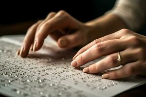 visivamente alterata lettori mani Esplorare braille prenotare, sensazione il sbalzato alfabeto ai generato foto