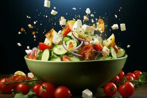 elevato greco insalata ciotola si libra contro studio sfondo, fresco ingredienti sospeso ai generato foto