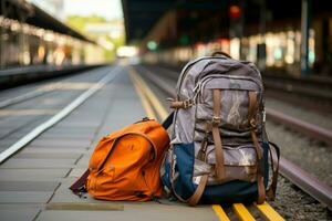 pronto per avventura a il treno stazione con zaino, cappello, carta geografica, e Tech Ingranaggio ai generato foto