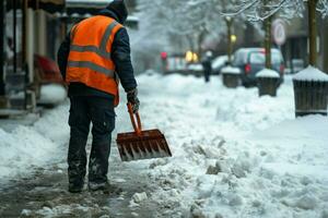 lavoratore nel specializzato capi di abbigliamento rimuove neve a partire dal marciapiede dopo tempesta di neve colpi il città. ai generato foto