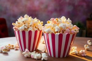 fresco popcorn appello in mostra su rosa tavolo, un' cinematico visione a partire dal il davanti ai generato foto