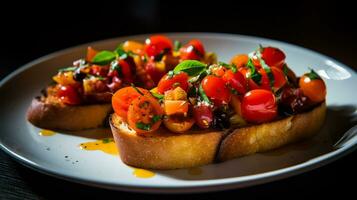 foto di Bruschetta con fresco pomodori come un' piatto nel un' fascia alta ristorante. generativo ai