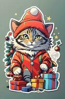 carino Natale gatto etichetta con Natale albero, sanatas cappello, regalo scatola, ai creare foto