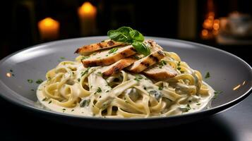 foto di pollo Alfredo come un' piatto nel un' fascia alta ristorante. generativo ai