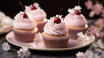 foto di ciliegia fiorire cupcakes come un' piatto nel un' fascia alta ristorante. generativo ai