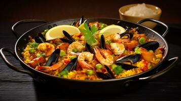 foto di caraibico frutti di mare paella come un' piatto nel un' fascia alta ristorante. generativo ai