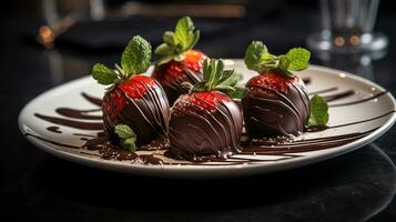 foto di cioccolato coperto fragole come un' piatto nel un' fascia alta ristorante. generativo ai