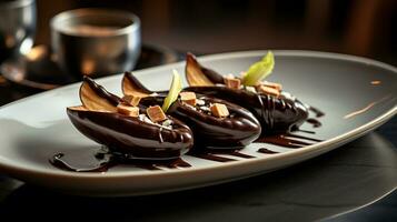foto di cioccolato immerso banane come un' piatto nel un' fascia alta ristorante. generativo ai