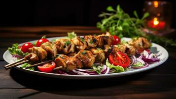 foto di pollo kebab come un' piatto nel un' fascia alta ristorante. generativo ai