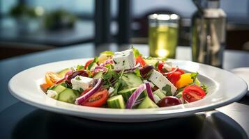 foto di greco insalata come un' piatto nel un' fascia alta ristorante. generativo ai