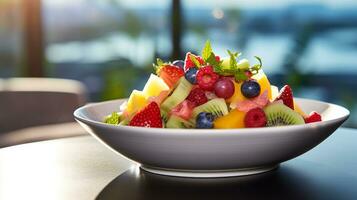 foto di fresco frutta insalata come un' piatto nel un' fascia alta ristorante. generativo ai