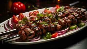 foto di kebab karaz - ciliegia kebab come un' piatto nel un' fascia alta ristorante. generativo ai