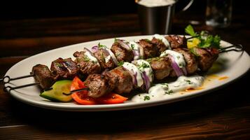 foto di agnello kebab con Yogurt salsa come un' piatto nel un' fascia alta ristorante. generativo ai