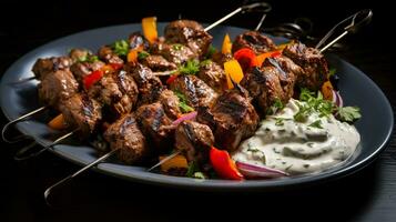 foto di agnello kebab con Yogurt salsa come un' piatto nel un' fascia alta ristorante. generativo ai