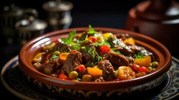 foto di agnello tagine come un' piatto nel un' fascia alta ristorante. generativo ai